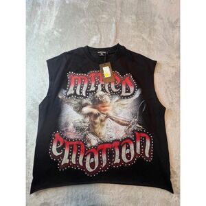 Mixed Emotion T Shirt Mens Large Black NWT Cupid Rhinestone Graphic Tank Top